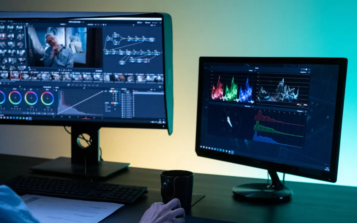 Video editor color grading footage on two monitors